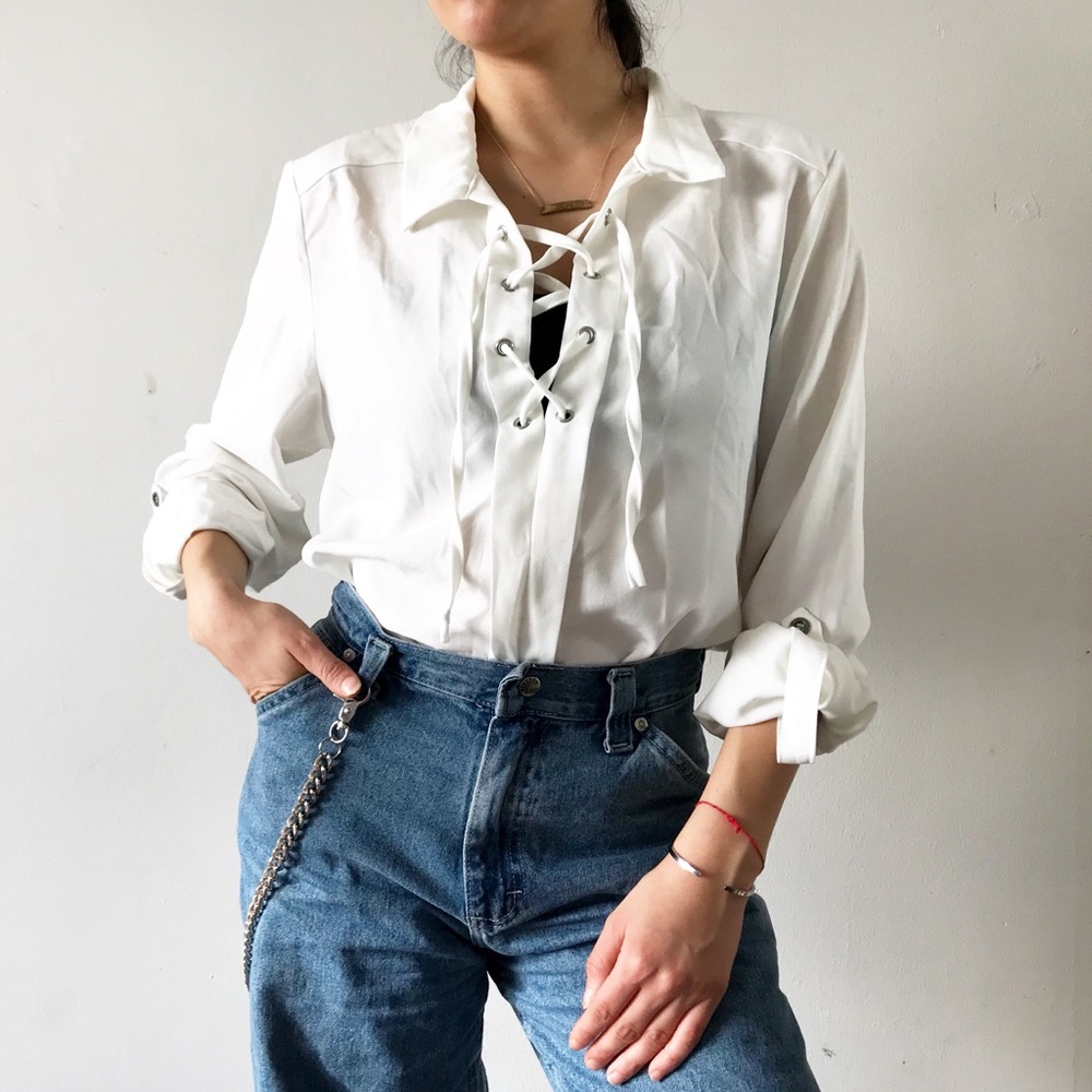white criss-cross lace up blouse